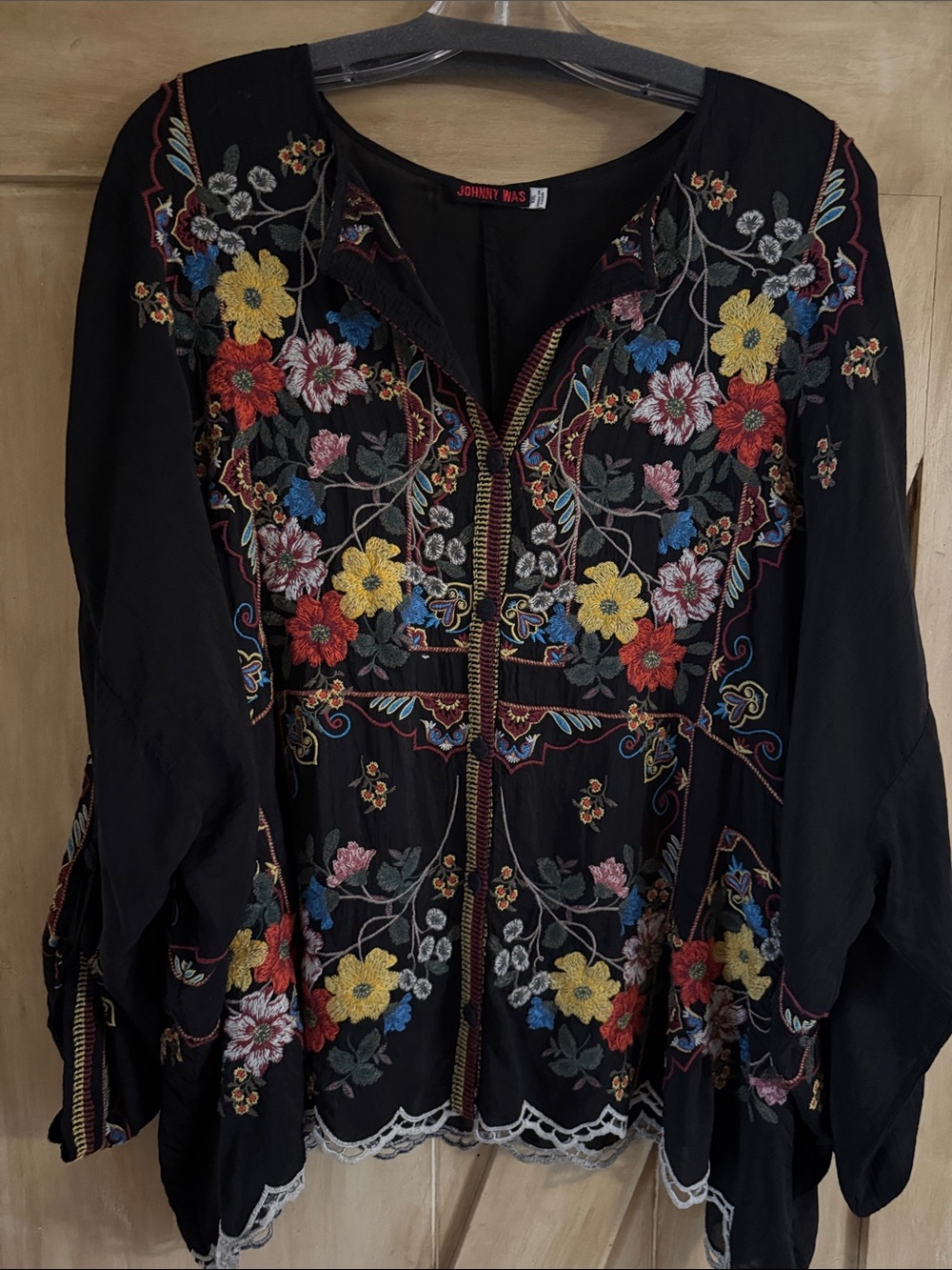 Johnny Was Black Embroidered Floral Top